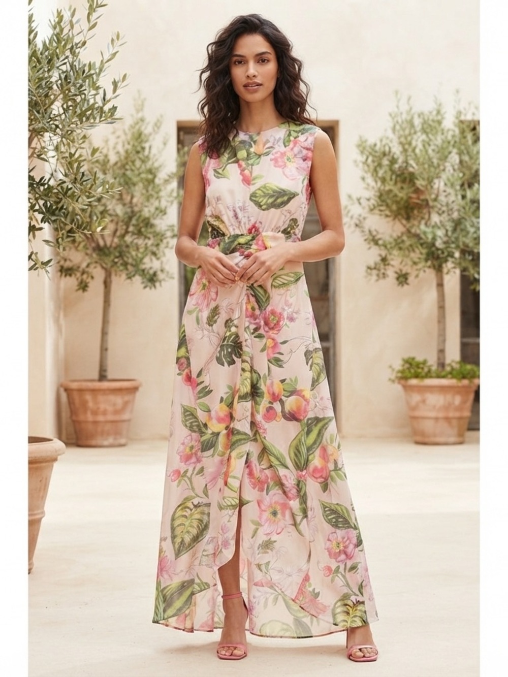 H&M Pink Tropical Floral Chiffon Maxi Dress